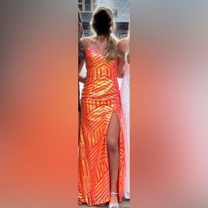 Prom Dress- Sequin Orange Side Slit Prom Dress,  Size 6